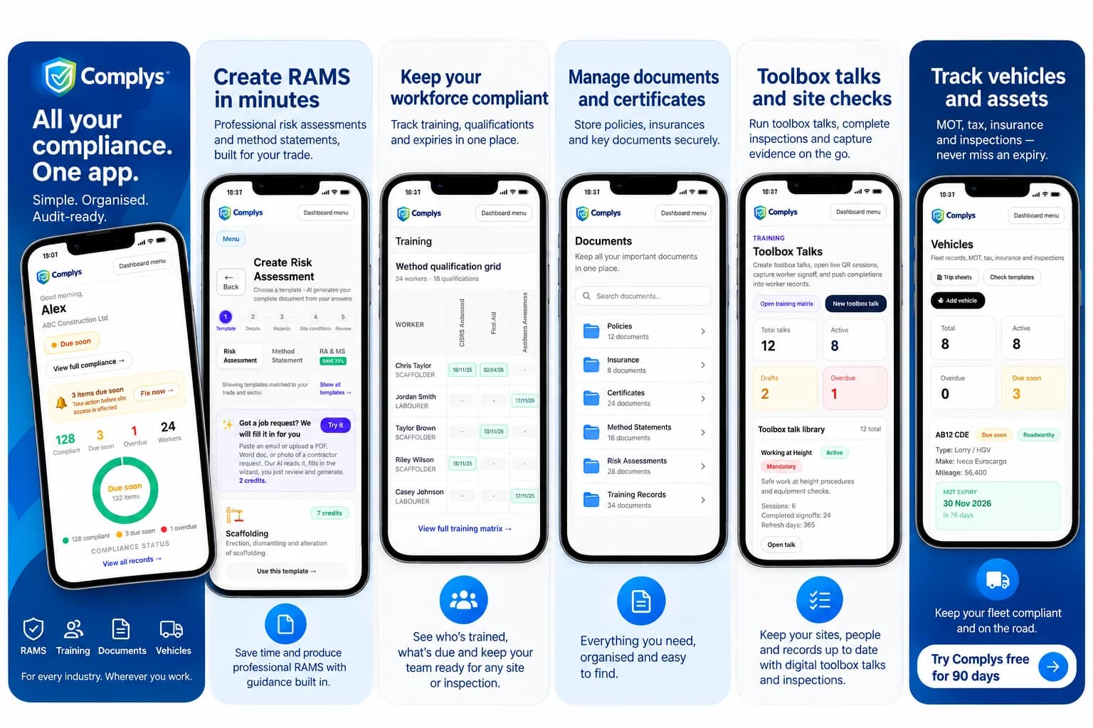 The Complys app on mobile: compliance dashboard, RAMS creation, training matrix, document library, toolbox talks and vehicle tracking