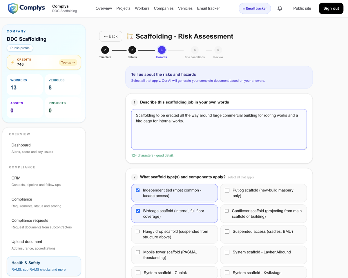 Complys RAMS builder wizard asking trade-specific questions to generate a Risk Assessment and Method Statement